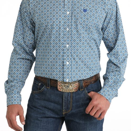 Men's White Blue Kaleidoscope Print Western Shirt
