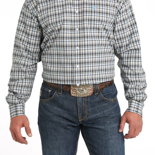 Men's Blue Grey Small Plaid Patterned Western Shirt