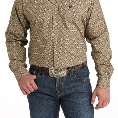 Men's Brown & Blue Diamond Patterned Western Shirt