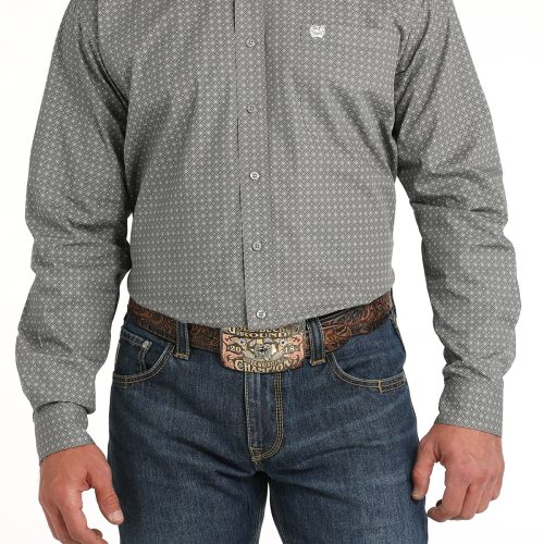 Men's Black, Grey & White Diamond Dot Patterned Western Shirt
