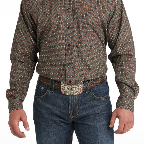 Men's Burnt Orange & Green Patterned Western Shirt