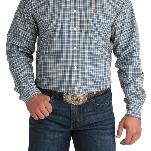 Men's Blue Dark Blue & Tan Checked Button Down Shirt