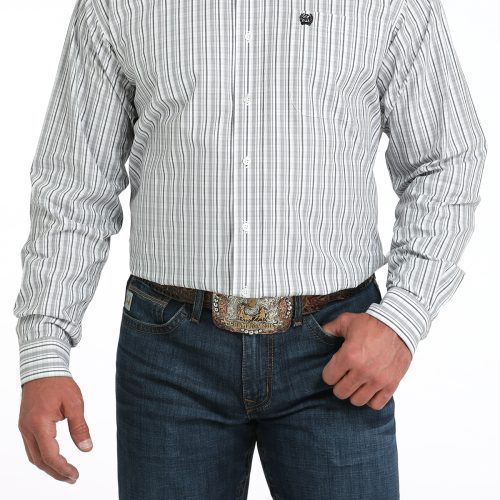 Men's White & Grey Plaid Button Down